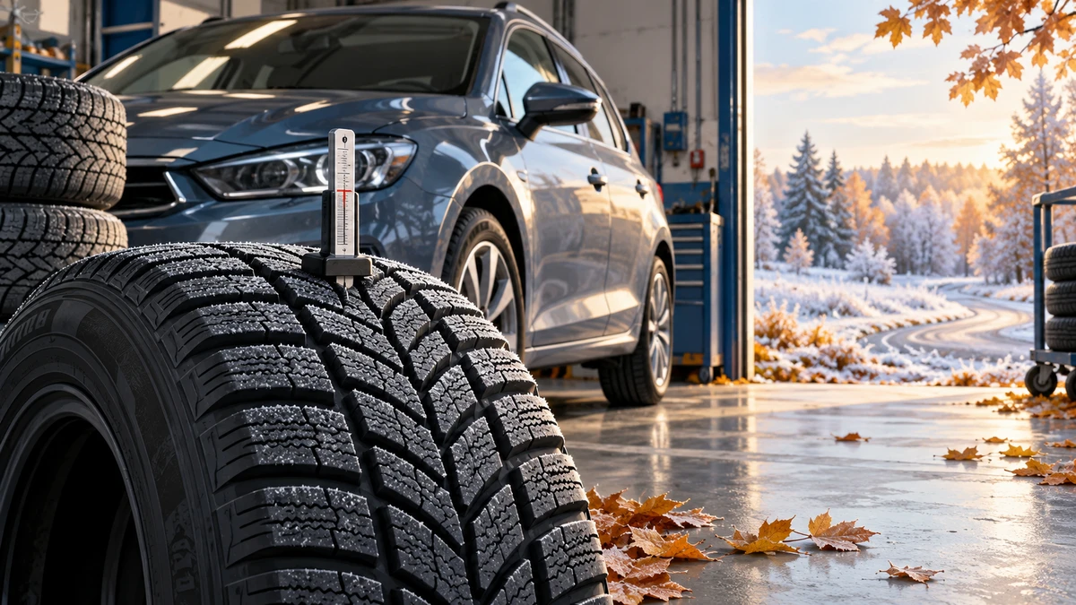 DI iliustracija: automobilis dirbtuvėse ir žieminė padanga su gylio matuokliu.
